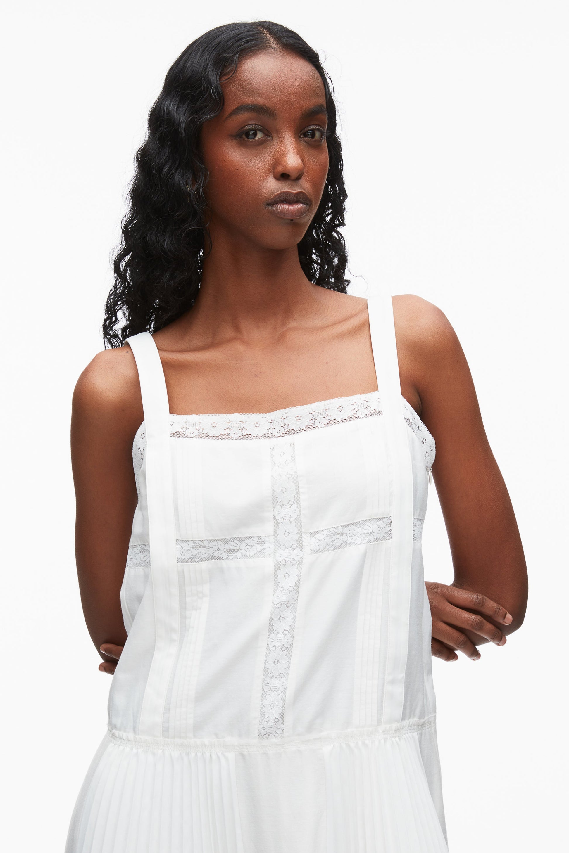 Pleated Tank Dress With Lace Insert