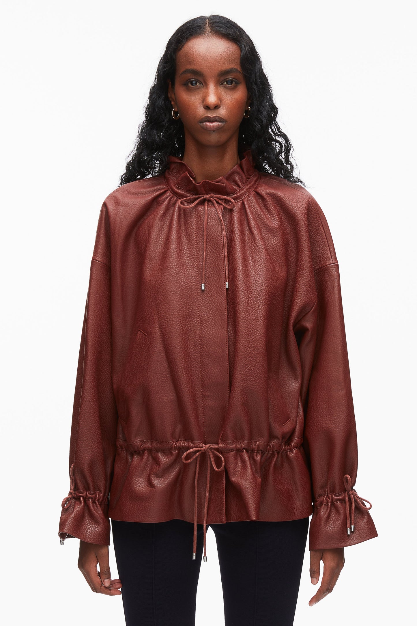 Leather Cinched Parka with Ruffle Collar